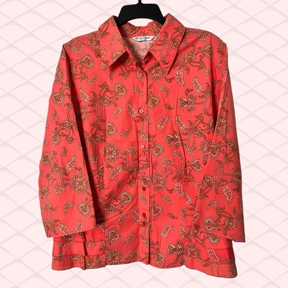 Quizz Coral Paisley Blouse Plus Size 22W Shirt Ruffle Accent Button-Up Chic Top - Picture 1 of 8